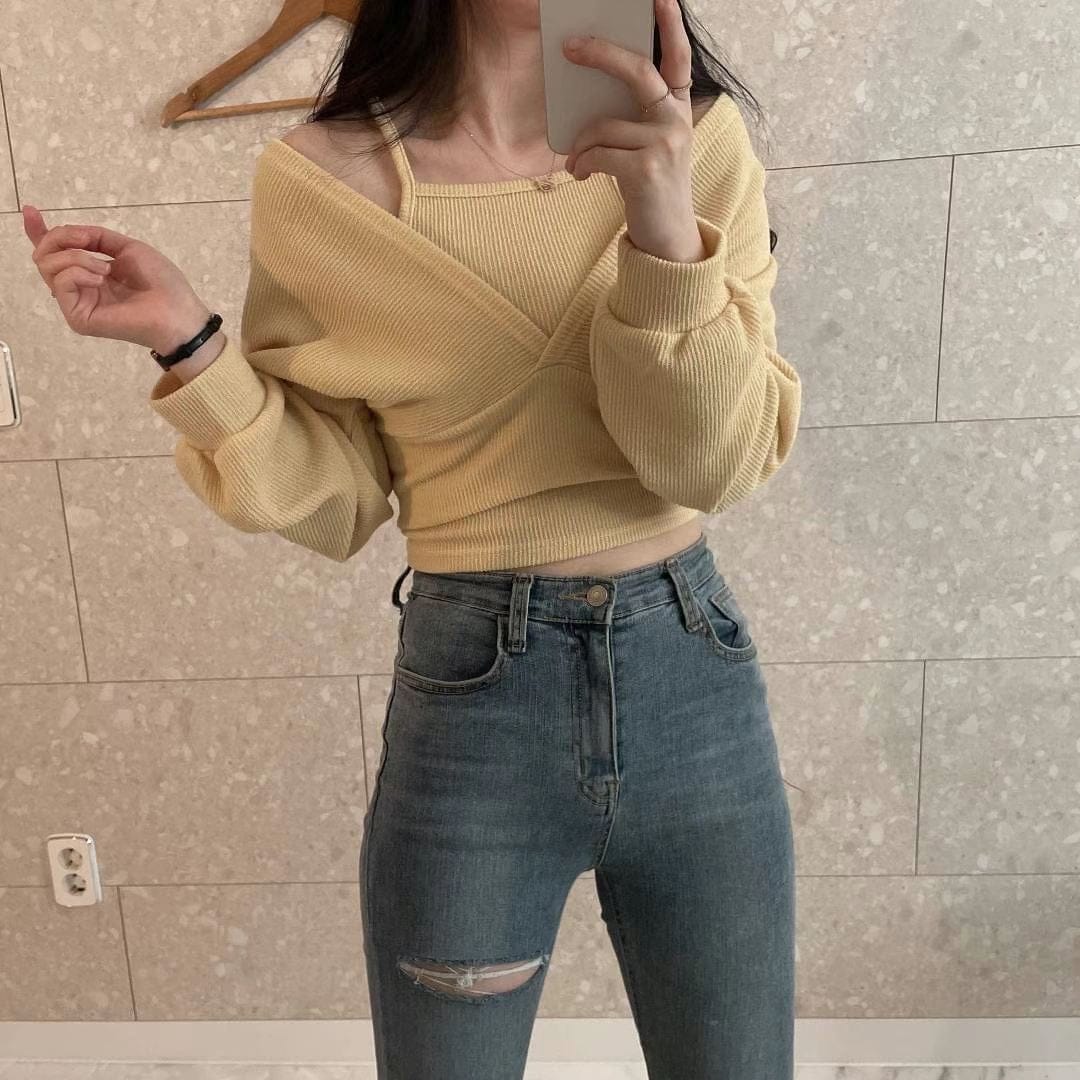 Subtle Off-Shoulder Long-Sleeve Set